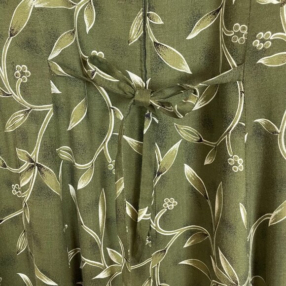 Vintage 90s Dress Green Leafy Floral Momcore Rayon Sleeveless Tie Waist Green - Picture 14 of 15